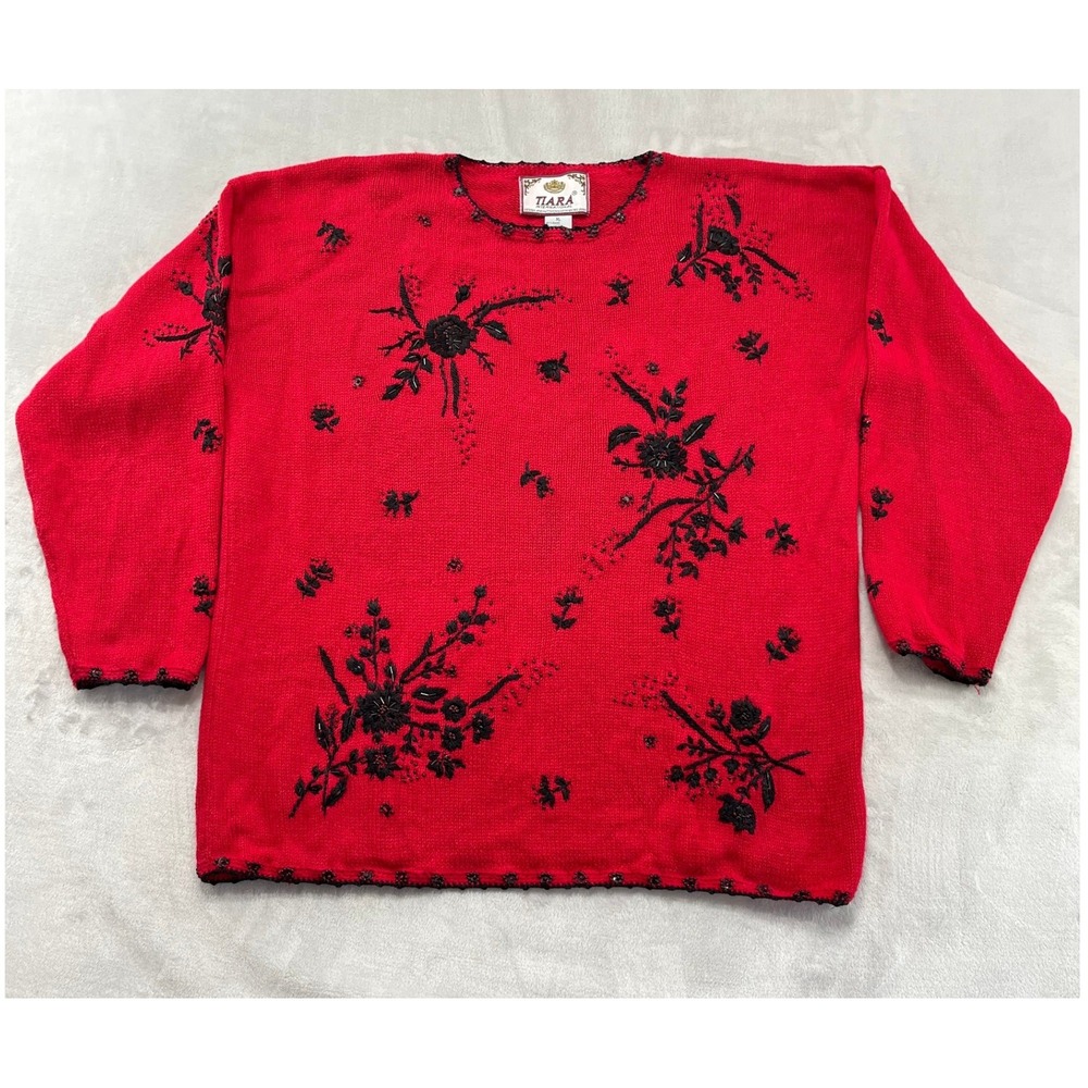 Vtg Tiara International Sweater Women XL Red Floral Beaded Embroidered Knit Y2K